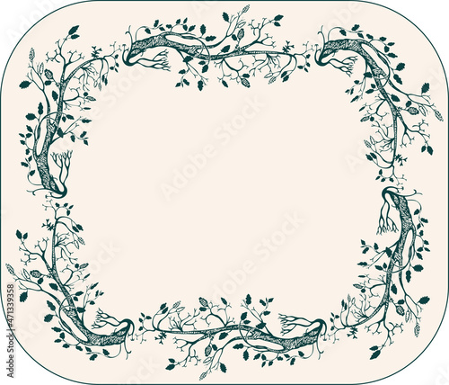 Decorative greeting card with border from silhouettes curved fantasy trees