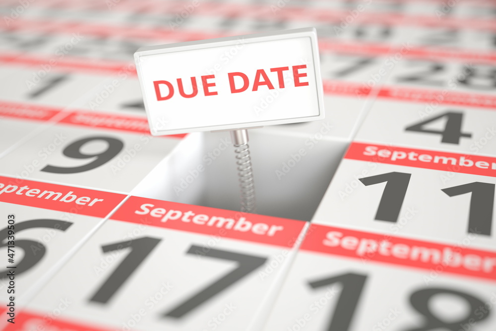 DUE DATE message on September 10 in a calendar, 3d rendering