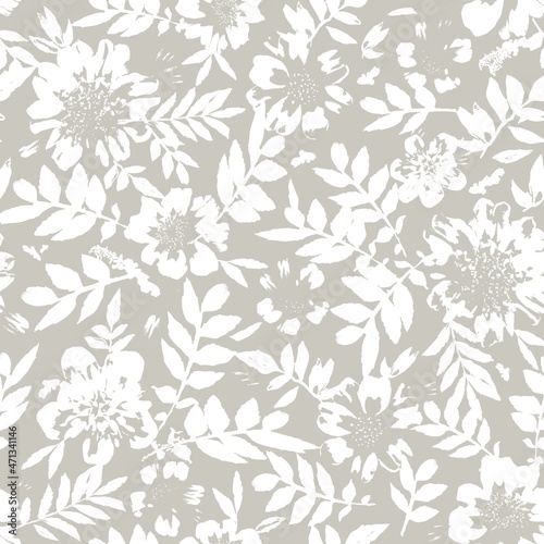 seamless abstract grey  background with white flowers.