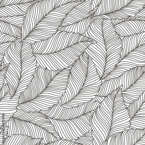 seamless floral abstract background with leaves drawn by thin lines. Black and white, monochrome