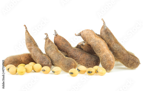 Fototapeta Naklejka Na Ścianę i Meble -  Pile of soybean pods and beans isolated on a white background. Soya - protein plant for health food.