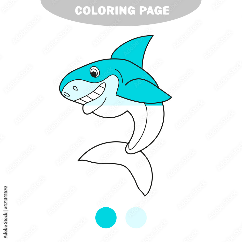 Obraz premium Simple coloring page. Black and White Cartoon Vector Illustration of Shark Fish Sea Life Animal. Half painted picture with color samples