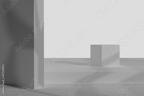 6abstract background with geometric shapes to show cosmetic products.Gray stone,concrete cube podium on gray platform with reflections shadows. Beauty and spa concept on white background. 3d render