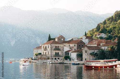 Boats are moored off the coast of Perast. Montenegro © Nadtochiy