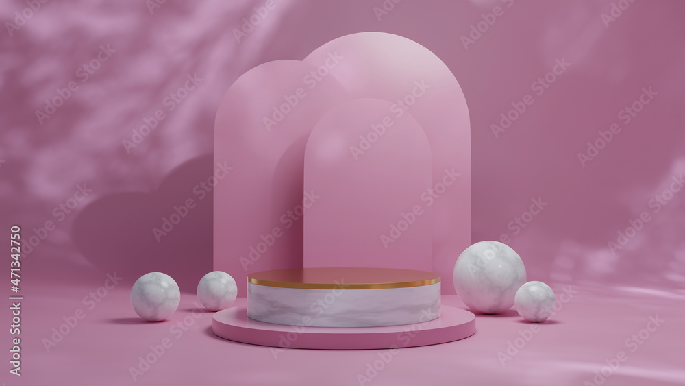 Mockup Modern minimal marble podium with blur pink background abstract architectural shapes scene for display product presentation or showcase 3d rendering
