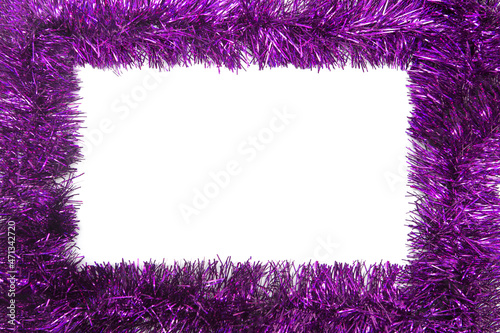 Purple tinsel. Tinsel frame on a white background. Blank white template