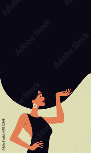 Modern illustration of beautiful woman with long dark hair. Template for cards, greetings, flyer, banner for beauty salon, hair salon or Women's Day, 8th March. 