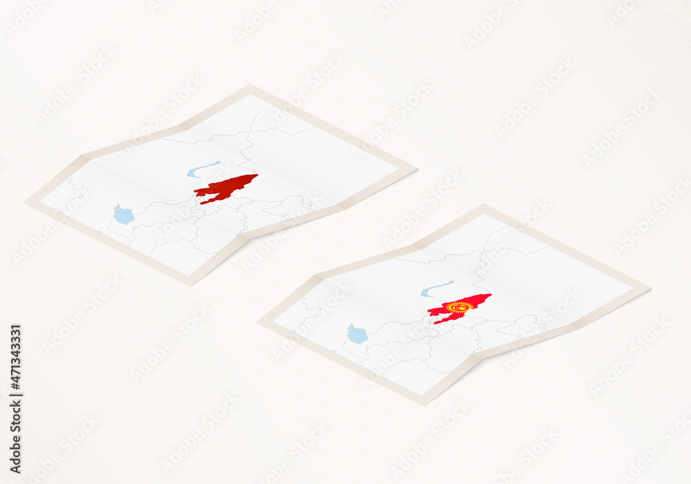 Two versions of a folded map of Kyrgyzstan with the flag of the country of Kyrgyzstan and with the red color highlighted. Two versions of a folded map of Kyrgyzstan with the flag of the country of Kyrgyzstan and with the red color highlighted.