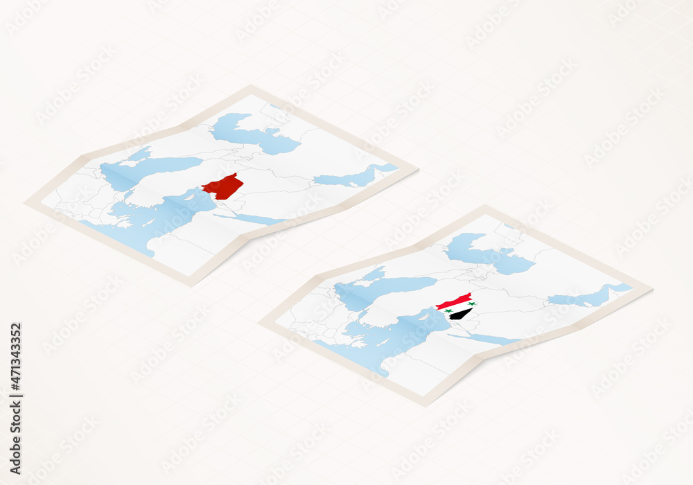 Two versions of a folded map of Syria with the flag of the country of Syria and with the red color highlighted.