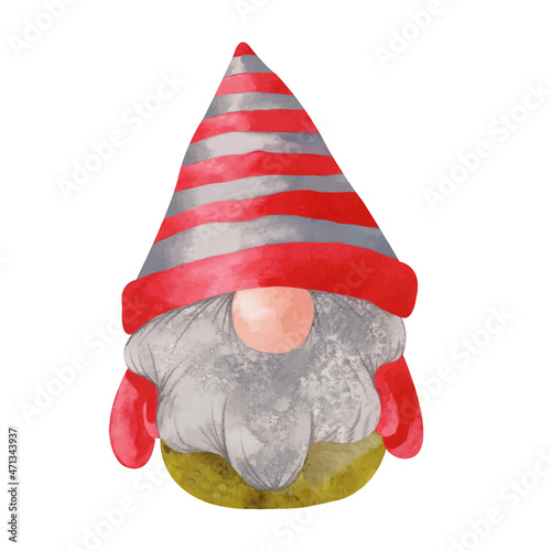 Watercolor Christmas gnome in colorful warm hat photo