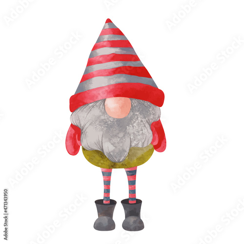 Watercolor Christmas gnome in colorful warm hat