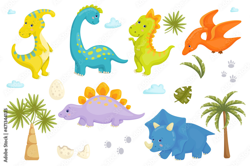 Cute dinosaurs and plants clipart. Cartoon vector graphics. Cute dinosaurs and plants clipart. Cartoon vector graphics.