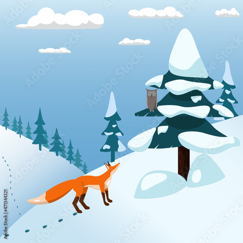 Winter landscape with a fox and an owl on a tree. Christmas card and poster. Vector illustration.
