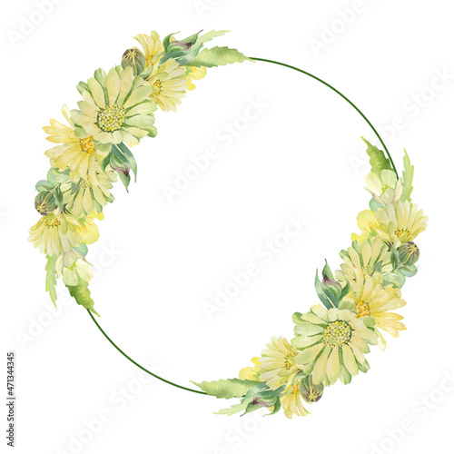 Watercolor wreath with daisies and yellow flowers. Hand made invitation to holiday, wedding.