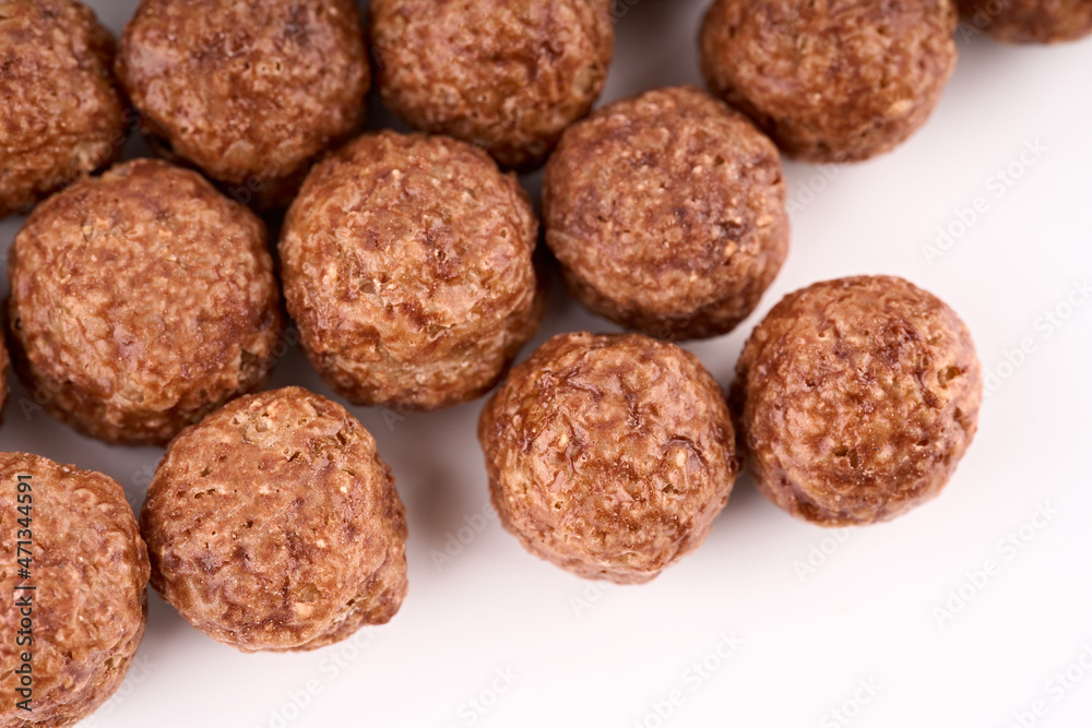 Variety of cold cereals, quick breakfast for kids overhead shot. Quick breakfast. Chocolate balls isolated on a white background. Rings isolated on a white background. 