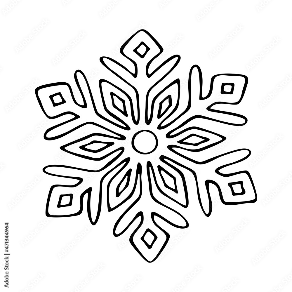 Thin line doodle snowflake. Ice crystal hand drawn. Vector of frosty pattern. Winter snow ornament. Christmas illustration isolated on white background. Thin line doodle snowflake. Ice crystal hand drawn. Vector of frosty pattern. Winter snow ornament. Christmas illustration isolated on white background.