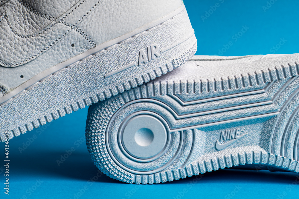 Moscow, Russia - November 2021: Nike Air Force 1 - white low classic  basketball retro sneakers with Nike Air technology consists of pressurized  air inside Stock Photo | Adobe Stock