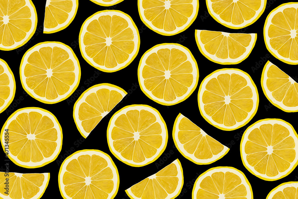 Yellow lemons on a black background. Trendy drawn vector stylized ...