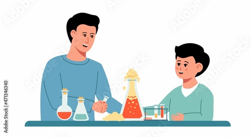Cartoon father and son doing chemistry experiment in laboratory glassware at home. Chemistry lesson for children. Master class for child. Home laboratory. Vector trendy illustration