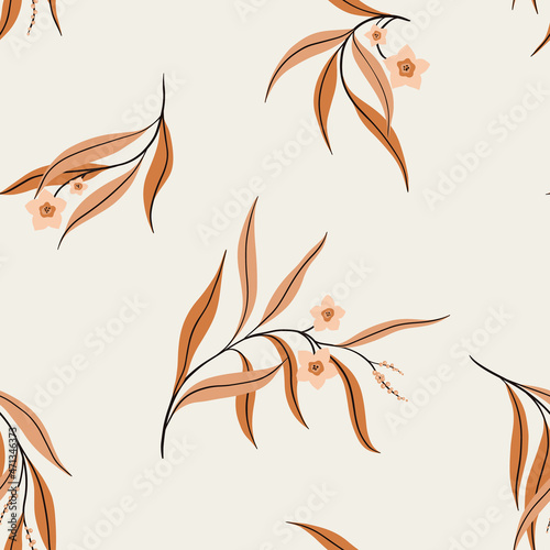 Seamless pattern with sprigs of dry plants. Abstract composition of falling twigs with small flowers and long leaves on a light background. Seamless floral pattern in vintage style. Vector.