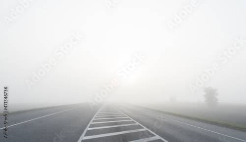 Morning. Heavy fog on the road.