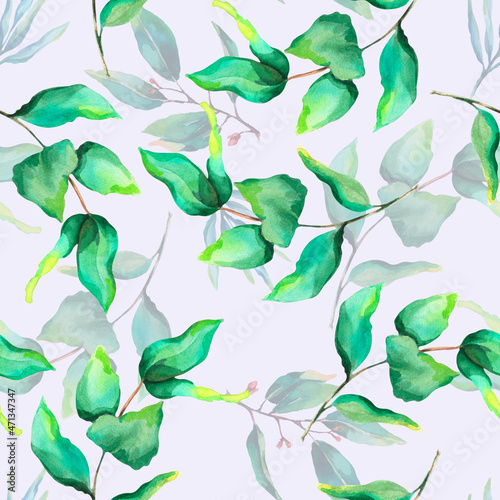 Watercolor floral pattern. Seamless botanical pattern. Watercolor green leafs of eucalyptus and other tropical plants. Nature colorful pattern for fabric, wrapping paper, covers, bedding, wallpaper