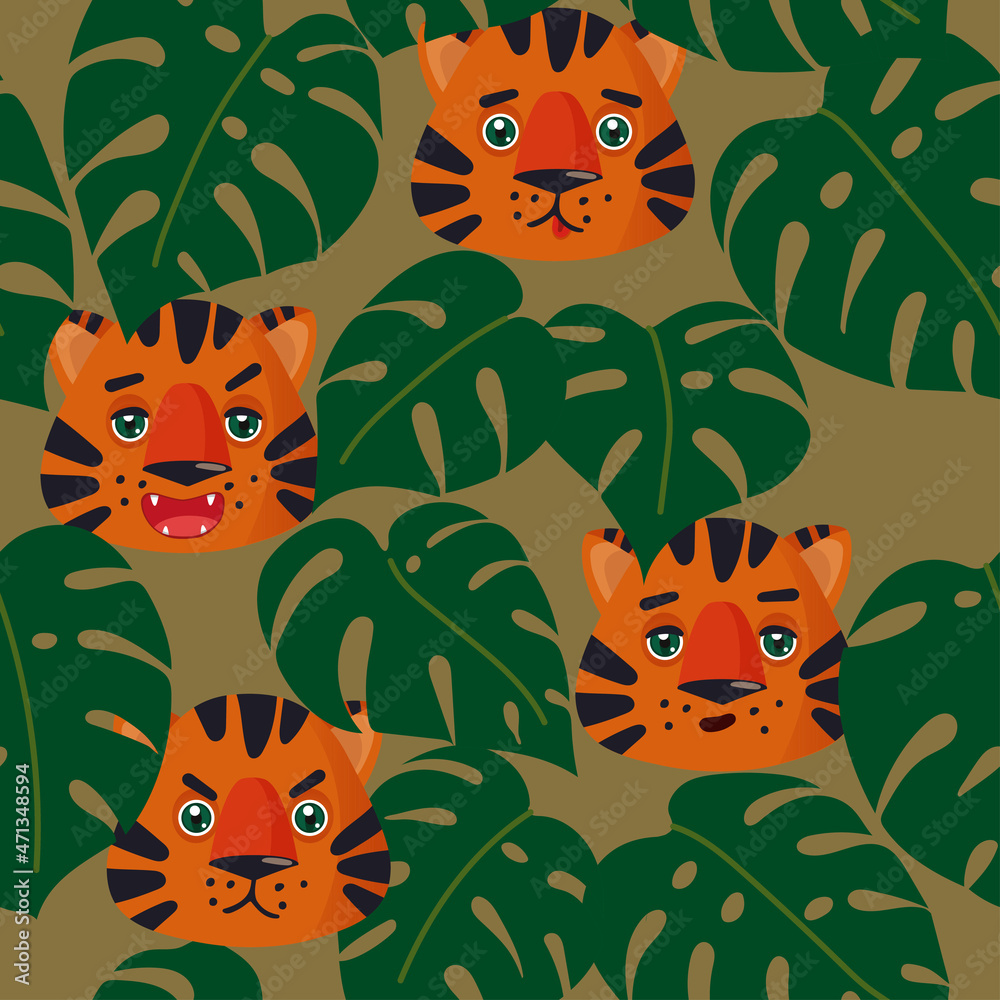 Seamless pattern with cute tiger faces in monstera leaves. Vector pattern. Animal and botanical background for fabric, clothing, wallpaper, wrapping paper, stationery. Seamless pattern with cute tiger faces in monstera leaves. Vector pattern. Animal and botanical background for fabric, clothing, wallpaper, wrapping paper, stationery.