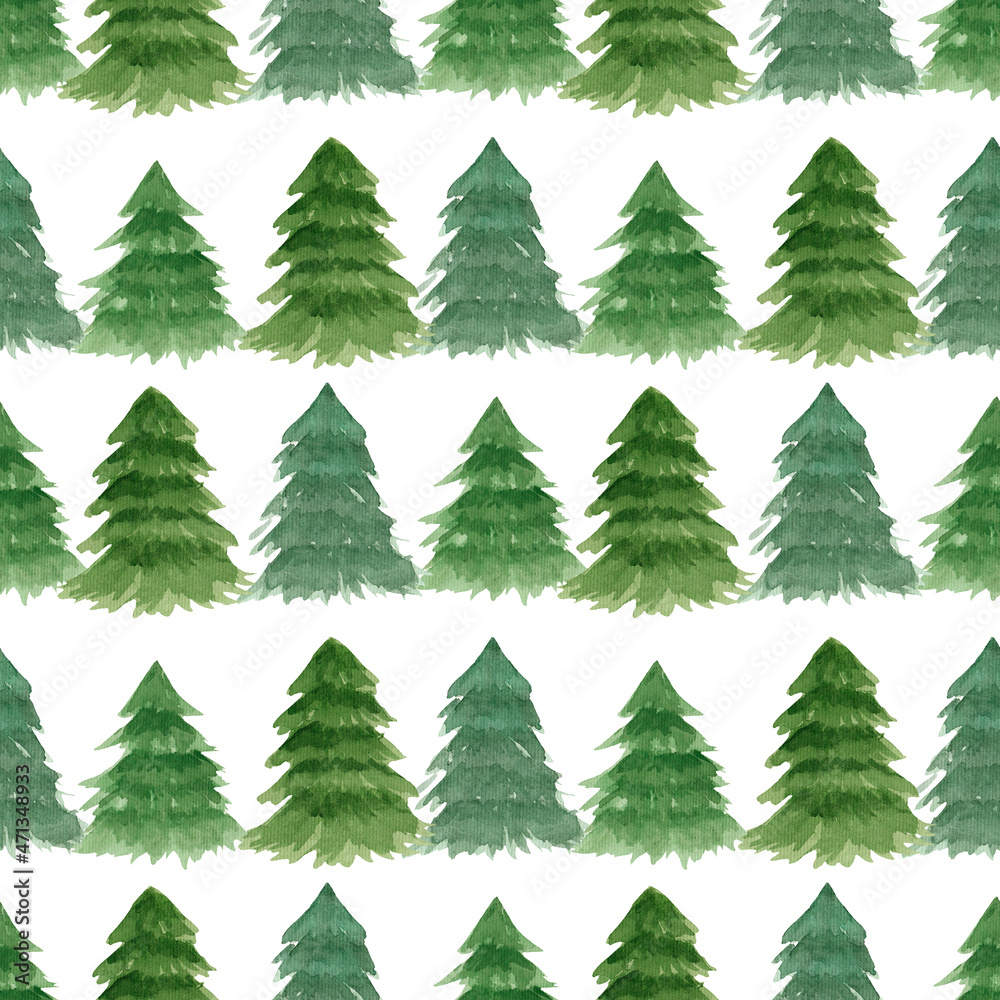 Watercolor seamless pattern, fir trees on a white background. Winter pattern for various festive products.