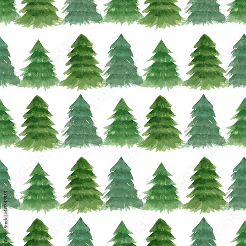 Watercolor seamless pattern  fir trees on a white background. Winter pattern for various festive products.