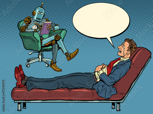 A robot psychotherapist at a psychotherapy session with a patient, listens to a businessman, sits in a chair and makes notes in a notebook
