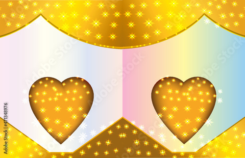Golden Love gift bag background, with golden frames, hearts and shinning stars on Opal and Pastel Multicolor background