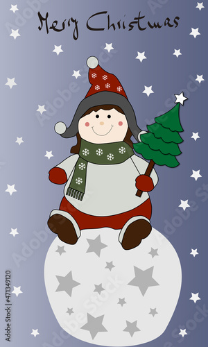 Felicitación de navidad con muñeco sentado en bola blanca.