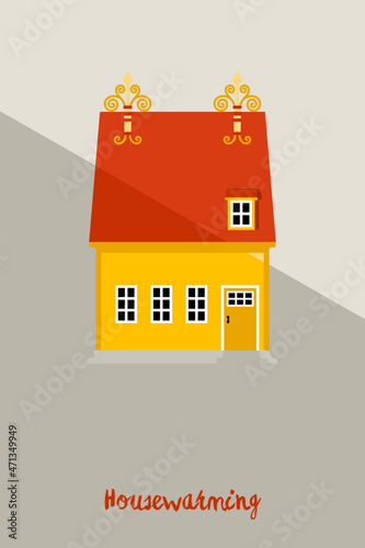 Housewarming poster or postcard mockup with beautiful house and lettering