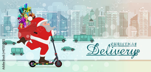 Christmas Delivery Service By Electric Scooter. Santa Claus Ride Electric Scooter, Christmas Holiday Happy New Year 