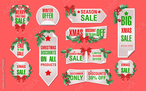 Christmas Sale Stickers Set Stock Illustration. Christmas Sale Banner Collection Vector. Christmas Advertising