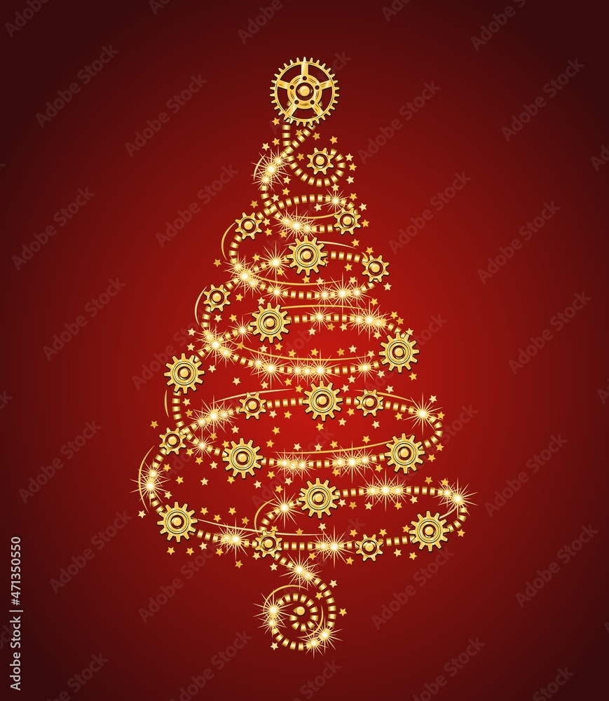 Golden christmas tree made of dotted line with gears, sparkles, little scattered stars on a red background in steampunk style. Delicate spiral shape. Vector Golden christmas tree made of dotted line with gears, sparkles, little scattered stars on a red background in steampunk style. Delicate spiral shape. Vector
