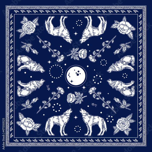 Design for bandana. Wolves howling at the moon  and roses. Engraving style. Vector illustration.
