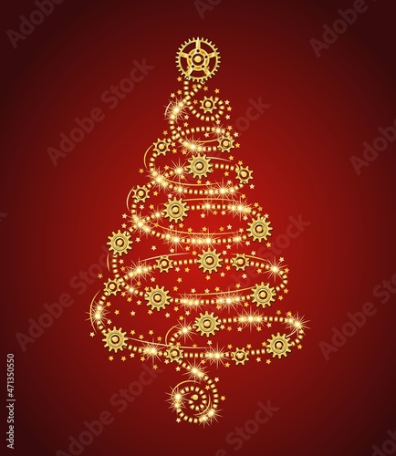 Golden christmas tree made of dotted line with gears, sparkles, little scattered stars on a red background in steampunk style. Delicate spiral shape. Vector