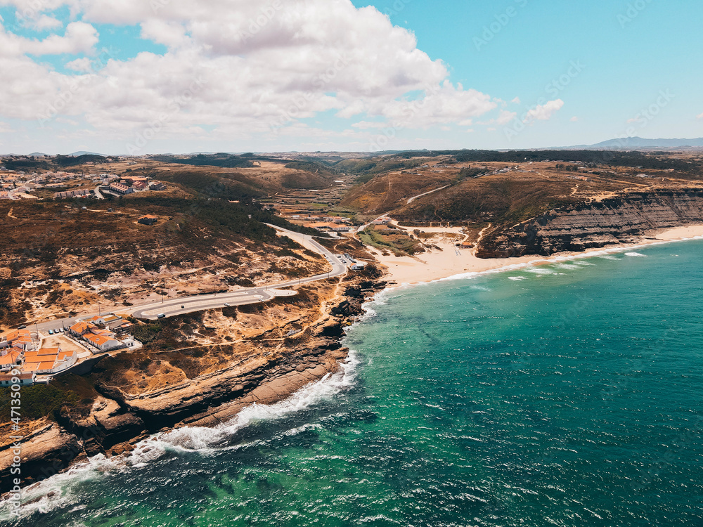 drone view of beach in ericeira, portugal