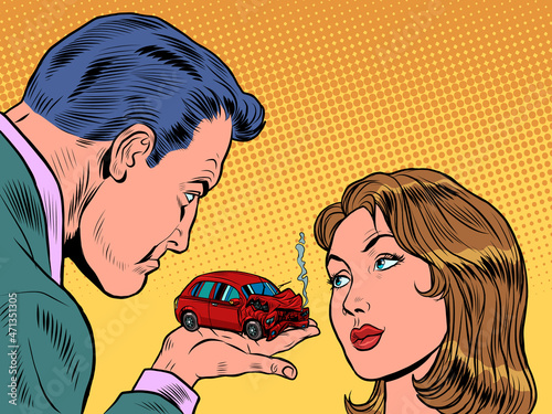 A man blames a woman for a car accident. Insurance agent. A red car crashed in an accident. Passenger transport. Danger on the road