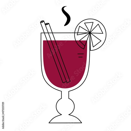 The menu of hot drinks is a simple linear mulled wine. Line art of the New Year's drink mulled wine with cinnamon and orange.