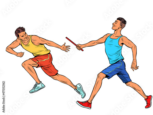 sports relay, passing the baton, men athletes race
