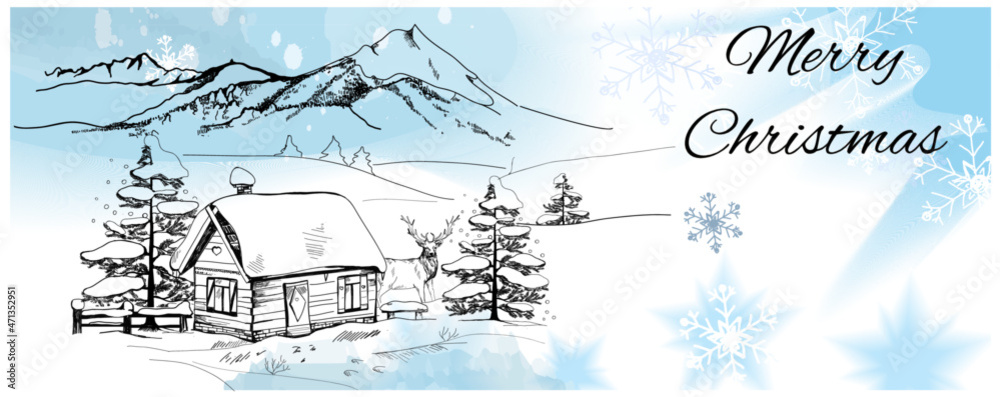 Beautiful Christmas card with a winter landscape. Hand drawn sketch of a cottage in winter and forest and mountains. Vector graphics.