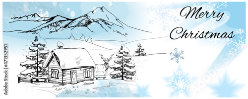 Obraz na płótnie Beautiful Christmas card with a winter landscape. Hand drawn sketch of a cottage in winter and forest and mountains. Vector graphics. w salonie
