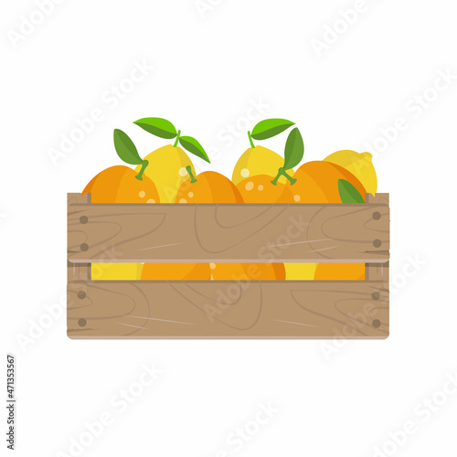 Wooden box with lemon and orange fruit, isolated on white background. Vector illustration