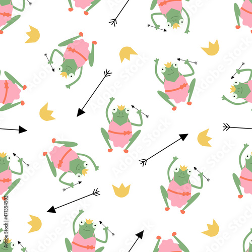 Seamless pattern with princess frog and arrow on a white background. Vector illustration of flat character. © Valeriia Dorofeieva