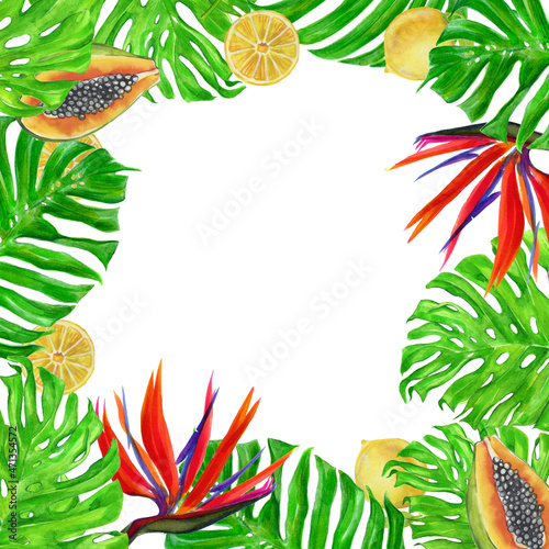 Watercolor floral frame with place for text. Small orange flowers and palm leaves . Hand painted tropical background for cards. Botanical illustrations isolated on white.