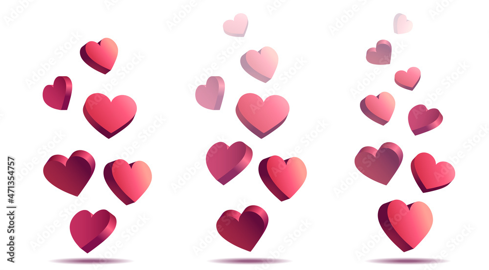 Flying 3d hearts set isolated on white background. Live video and likes. Social media concept.