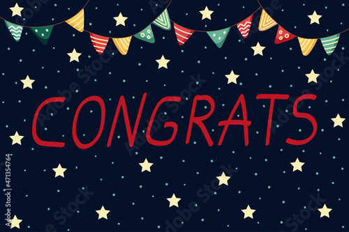 Congratulatory inscription on a dark background with flags, stars and snow. Vector illustration for postcards, posters and stationery. 