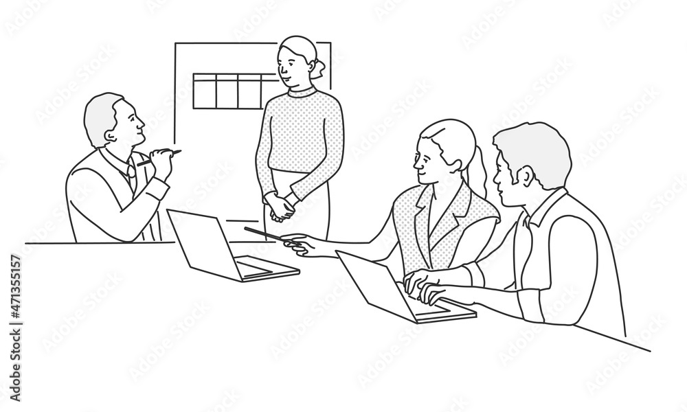 Group of office workers sitting at desks and communicating or talking to each other.